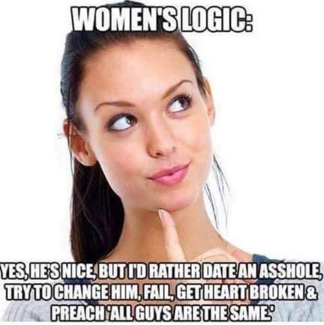 woman logic meme - Women'S Logic Yes, He'S Nice, But I'D Rather Date An Asshole Try To Change Him, Fail, Getheart Broken & Mrpreach All Guys Are The Same