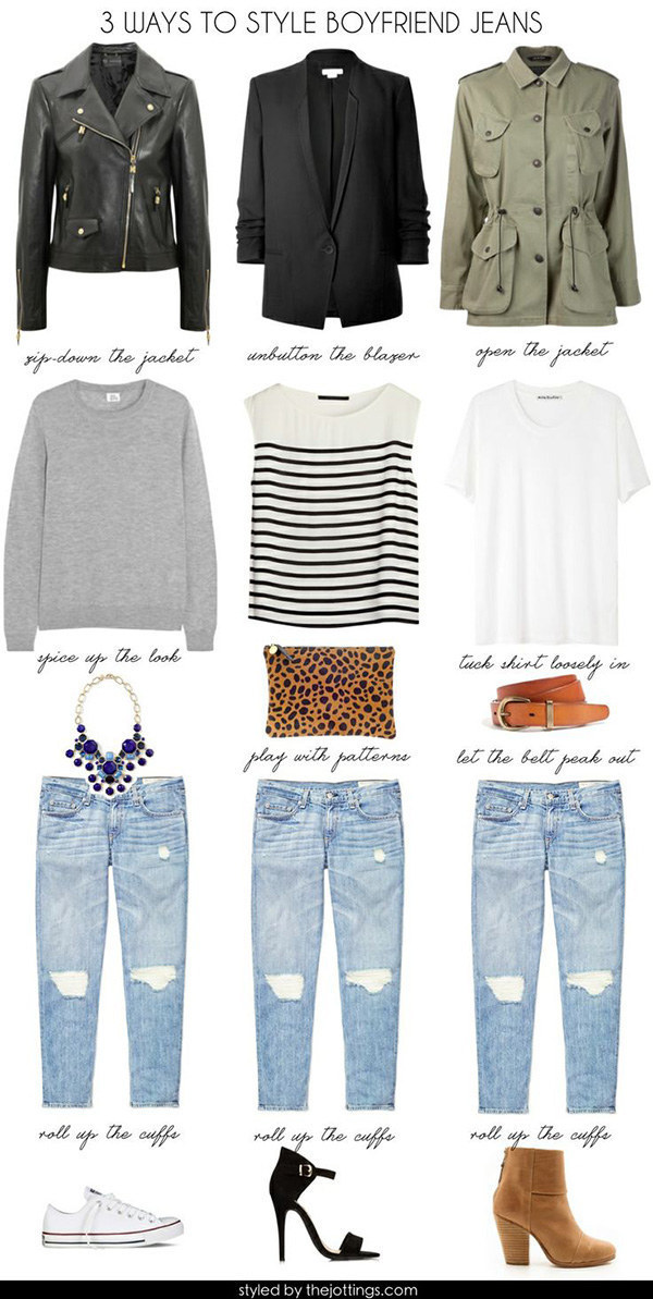 outfits to wear with boyfriend jeans - 3 Ways To Style Boyfriend Jeans zipdown the jacket unbutton the blazen open the jacket spice up the look tuck shirt loosely in play with patterns let the belt peak out roll up the cuffs roll up the cuffs roll up the 