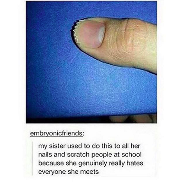 tumblr - nail - embryonicfriends my sister used to do this to all her nails and scratch people at school because she genuinely really hates everyone she meets