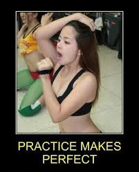 funny meme of practice make perfect of girl posing in exercise class