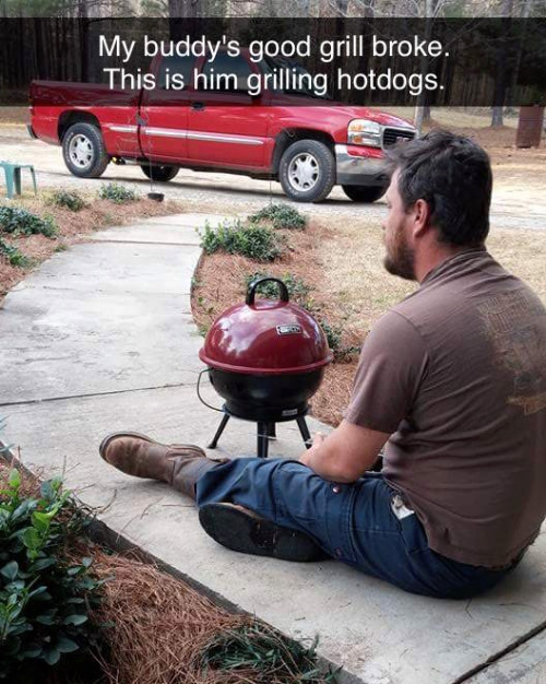 sad grilling - My buddy's good grill broke, This is him grilling hotdogs.