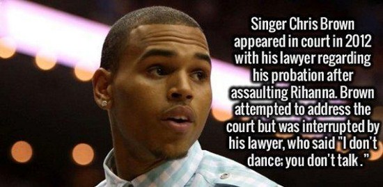 photo caption - Singer Chris Brown appeared in court in 2012 with his lawyer regarding his probation after assaulting Rihanna. Brown attempted to address the court but was interrupted by his lawyer, who said "I don't dance you don't talk."