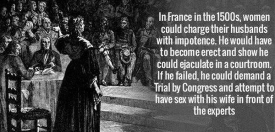 crazy history facts - In France in the 1500s, women could charge their husbands with impotence. He would have to become erect and show he could ejaculate in a courtroom. If he failed, he could demand a Trial by Congress and attempt to have sex with his wi