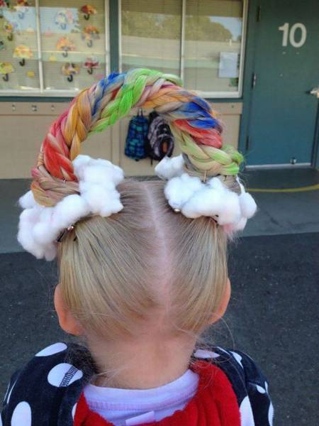funny picture of hair braided to look like a rainbow among the clouds