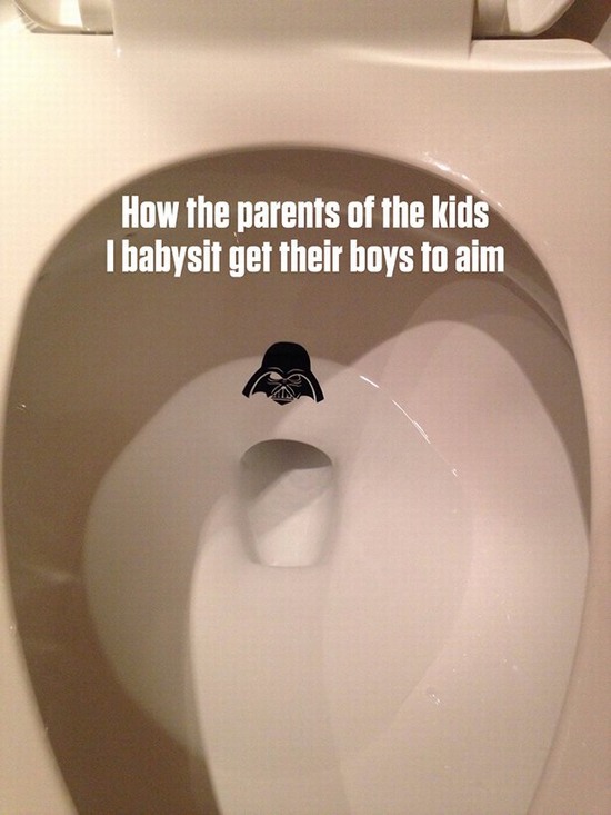 funny picture of how parents can get their boys to aim by putting a darth vader sticker to train on