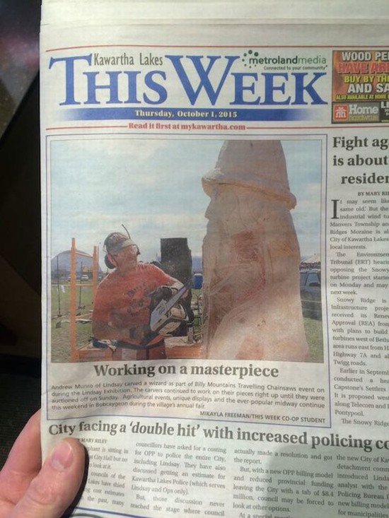 funny picture of local newspaper that may have not noticed the masterpiece the man was making looks like a penis