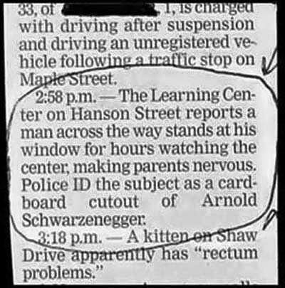 newspaper - 33, 01 Tischargeu with driving after suspension and driving an unregistered ve hicle ing a traffic stop on Maple Street p.m. The Learning Cen ter on Hanson Street reports a man across the way stands at his window for hours watching the center,