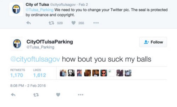 web page - City of Tulsacityoftulsagov. Feb 2 Tulsa Parking We need to you to change your Twitter pic. The seal is protected by ordinance and copyright. 4. CityOfTulsaParking how bout you suck my balls