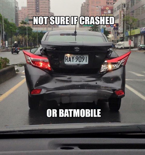 funny picture of not being sure if crashed or just the batmobile