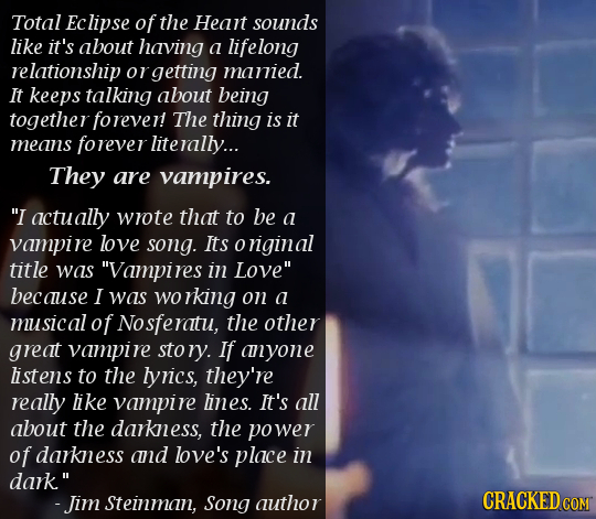 total eclipse of the heart song - Total Eclipse of the Heart sounds it's about having a lifelong relationship or getting married. It keeps talking about being together forever! The thing is it means forever literally... They are vampires. "I actually wrot