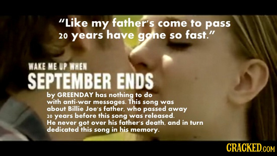 wake me up when september - my father's come to pass 20 years have gone so fast." Wake Me Up When September Ends by Greenday has nothing to do with antiwar messages. This song was about Billie Joe's father, who passed away 20 years before this song was re