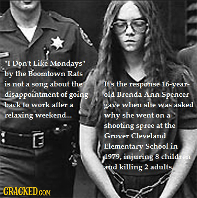 brenda ann spencer - "I Don't Mondays" by the Boomtown Rats is not a song about the disappointment of going back to work after a relaxing weekend... It's the response 16year old Brenda Ann Spencer gave when she was asked why she went on a shooting spree a