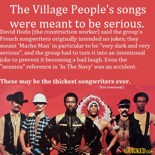 village people album cover - The Village People's songs were meant to be serious. David Hodo the construction worker said the group's French songwriters originally intended no jokes; they meant 'Macho Man' in particular to be "very dark and very serious",