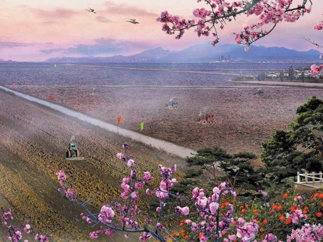 "On the horizon" shows a picturesque view of North Korean farmland