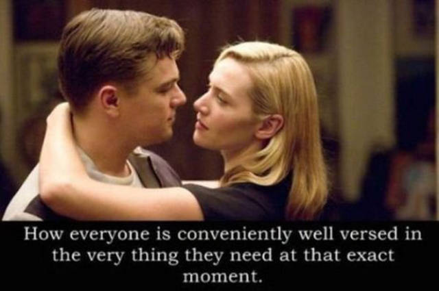 revolutionary road - How everyone is conveniently well versed in the very thing they need at that exact moment.