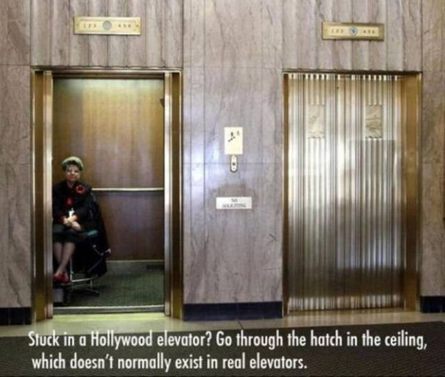 door - Stuck in a Hollywood elevator? Go through the hatch in the ceiling, which doesn't normally exist in real elevators.