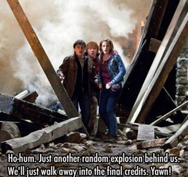 big is harry potter and the deathly hallows - Hohum. Just another random explosion behind us We'll just walk away into the final credits. Yawn!