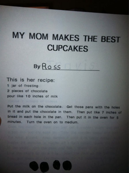document - My Mom Makes The Best Cupcakes By Ross This is her recipe 1 jar of frosting 2 pieces of chocolate pour 10 inches of milk Put the milk on the chocolate. Get those pans with the holes in it and put the chocolate in them. Then put 7 Inches of brea