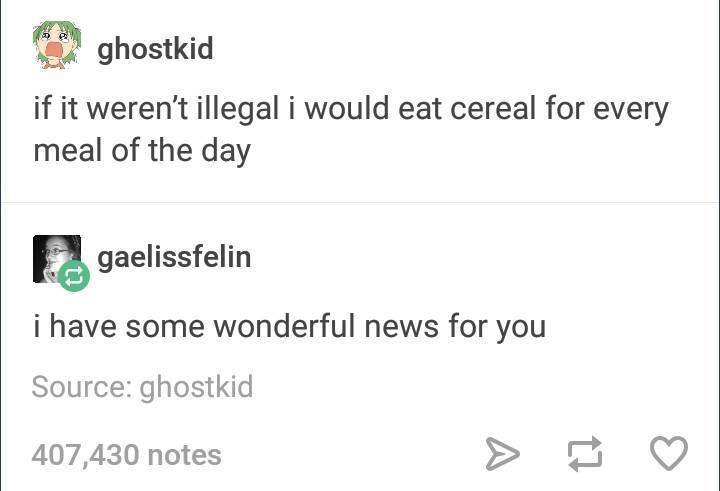 boy do i have news for you - ghostkid if it weren't illegal i would eat cereal for every meal of the day gaelissfelin i have some wonderful news for you Source ghostkid 407,430 notes