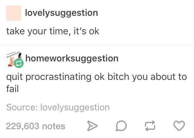 lovelysuggestion take your time, it's ok homeworksuggestion quit procrastinating ok bitch you about to fail Source lovelysuggestion 229,603 notes > D