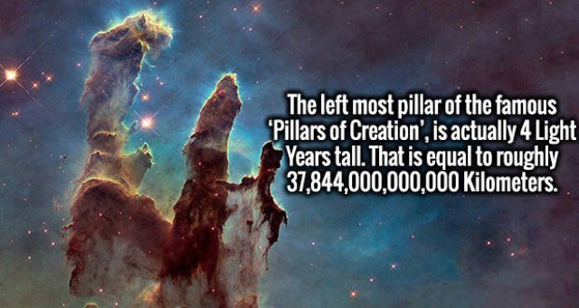 pillars of creation - The left most pillar of the famous "Pillars of Creation', is actually 4 Light Years tall. That is equal to roughly 37,844,000,000,000 Kilometers.