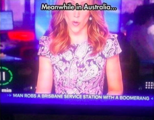 random pic twitter australian memes - Meanwhile in Australia... Man Robs A Brisbane Service Station With A Boomerang
