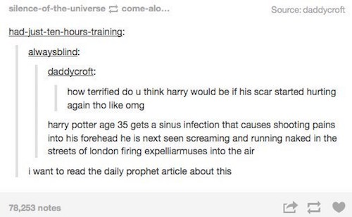 tumblr - document - silenceoftheuniverse comealo... Source daddycroft hadjusttenhourstraining alwaysblind daddycroft how terrified do u think harry would be if his scar started hurting again tho omg harry potter age 35 gets a sinus infection that causes s