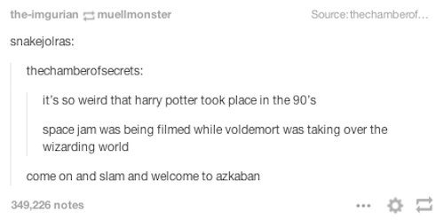 tumblr - document - theimgurianmuellmonster Source thechamberof... snakejolras thechamberofsecrets it's so weird that harry potter took place in the 90's space jam was being filmed while voldemort was taking over the wizarding world come on and slam and w