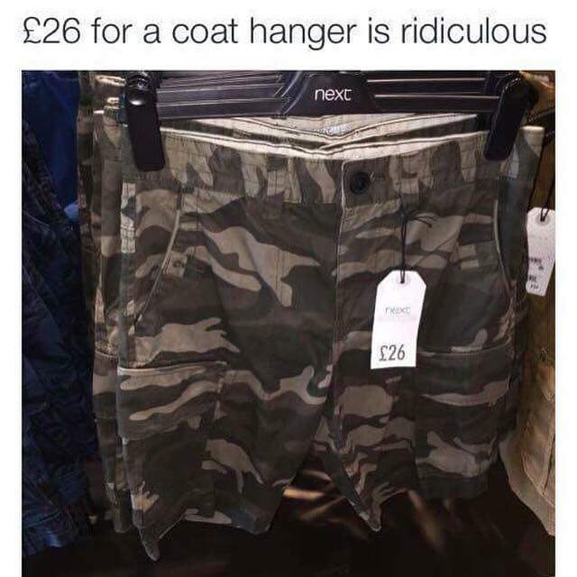 Camouflage shorts joke about not being able to see the product