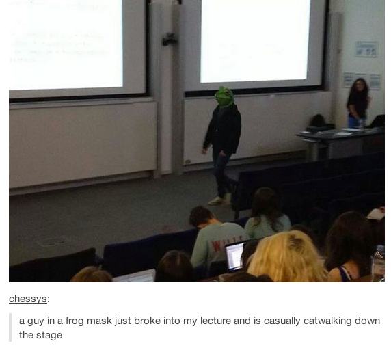 presentation - chessys a guy in a frog mask just broke into my lecture and is casually catwalking down the stage