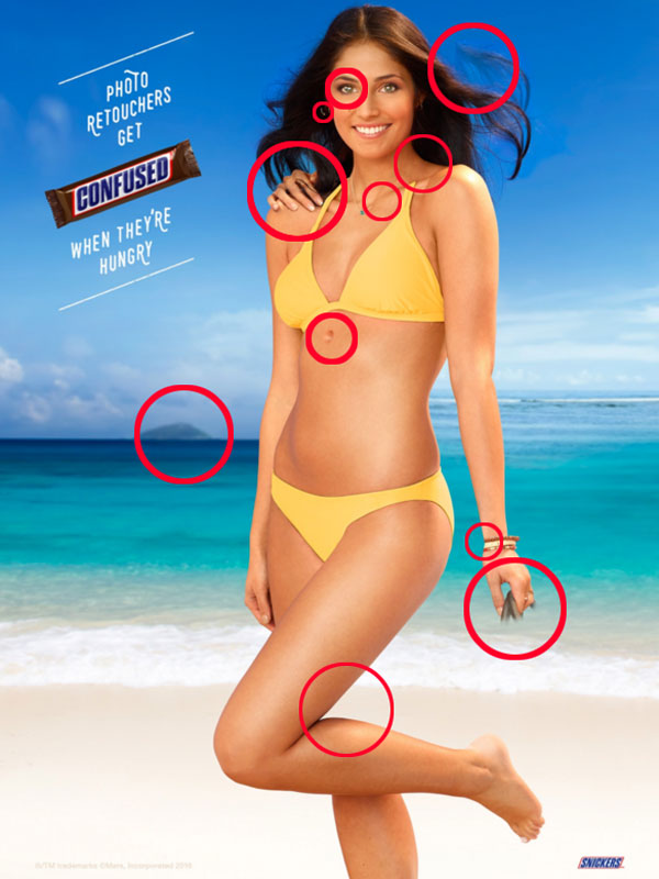 Here are the 11 mistake we found. Did you find any others?

1. A handbag was Photoshopped out but the handle is still in the model’s hand.

2. Part of her right leg is missing.

3. The ocean is at two totally different levels in the background.

4. Part of her necklace is cut off.

5. Her right ear is floating in her hair.

6. Part of her hair has been chopped is and floating to her left side.

7. Her bikini strap is cut off.

8. Her belly button is way too high.

9. There’s a random hand on her right shoulder.

10. Her left wrist has been shaved down.

11. The iris of her right eye has been cloned