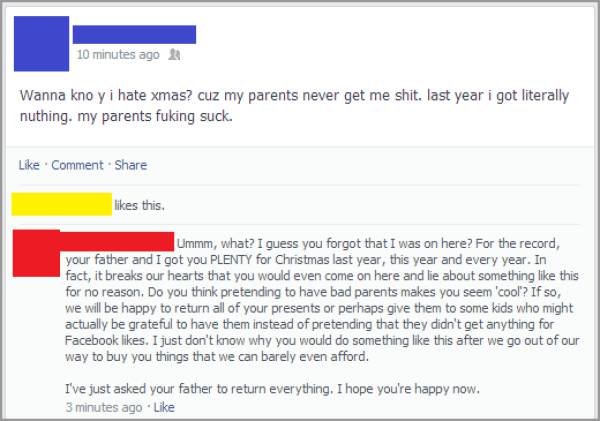 liars called out on social media - 10 minutes ago Wanna kno yi hate xmas? cuz my parents never get me shit. last year i got literally nuthing. my parents fuking suck. . Comment this. Ummm, what? I guess you forgot that I was on here? For the record, your 