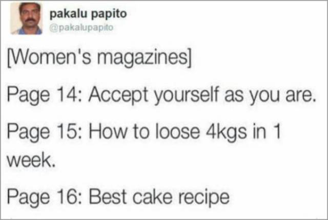 handwriting - pakalu papito Women's magazines Page 14 Accept yourself as you are. Page 15 How to loose 4kgs in 1 week. Page 16 Best cake recipe