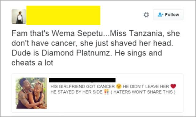 web page - Fam that's Wema Sepetu... Miss Tanzania, she don't have cancer, she just shaved her head. Dude is Diamond Platnumz. He sings and cheats a lot His Girlfriend Got Cancer He Didn'T Leave Her He Stayed By Her Side Haters Won'T This