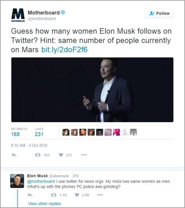 elon musk memes twitter - Motherboard Guess how many women Elon Musk s on Twitter? Hint same number of people currently on Mars bit.ly2doF2f6 165 231 0000DD 8.10 Am 27 165 231 Elon Musk 21h I use twitter for news orgs. My Insta has same women as men What'