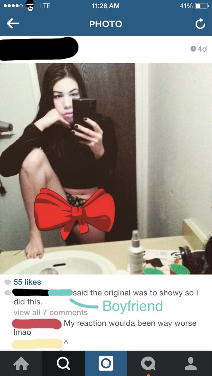 girl posting a crass pic with graphic blocking the box shot with comment how her boyfriend made her do it.