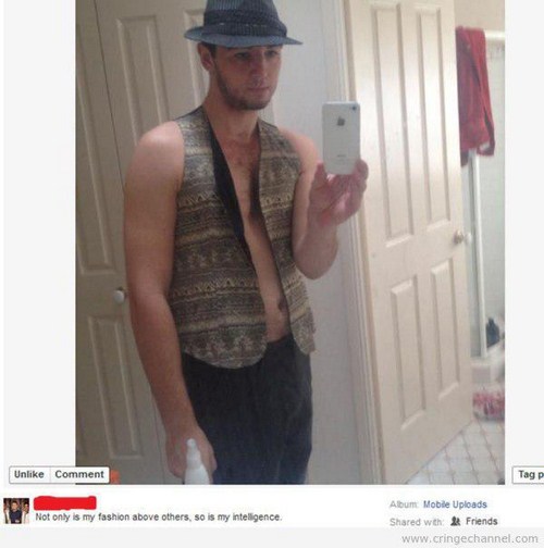 Cringeworthy post of someone wearing vest with no shirt and hat and bragging his brains are even more mightier than his fashion abilities