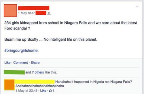 Facebook post of someone who confused Niagara Falls with Nigeria and the 234 girls Kidnapped by Boko Haram