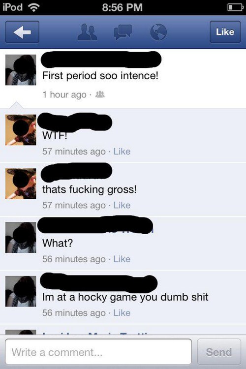 Girl complaining about that first period being intense and she was talking about the first quarter of the hockey game.