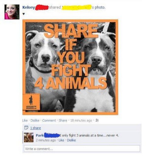 Facebook post about fighting 4 animals joked that 3 is his tops