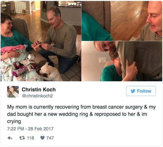 conversation - Christin Koch y My mom is currently recovering from breast cancer surgery & my dad bought her a new wedding ring & reproposed to her & im crying 6 17 118 747