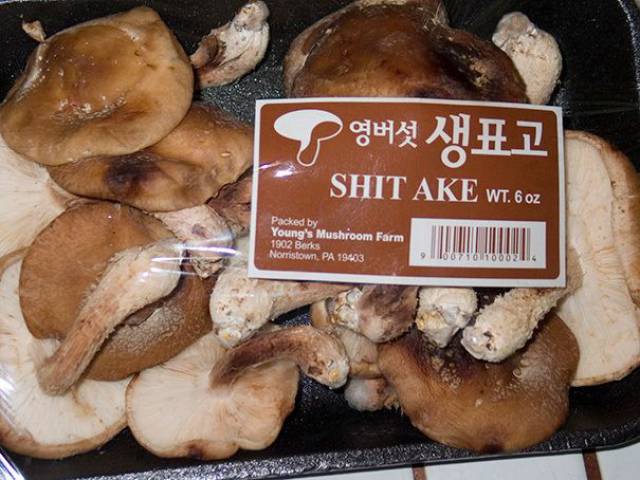 bad kerning - Shit Ake Wt. 6oz Packed by Young's Mushroom Farm 1902 Berks Norristown, Pa 19403
