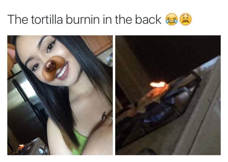 tweet - black guy twitter meme - The tortilla burnin in the back