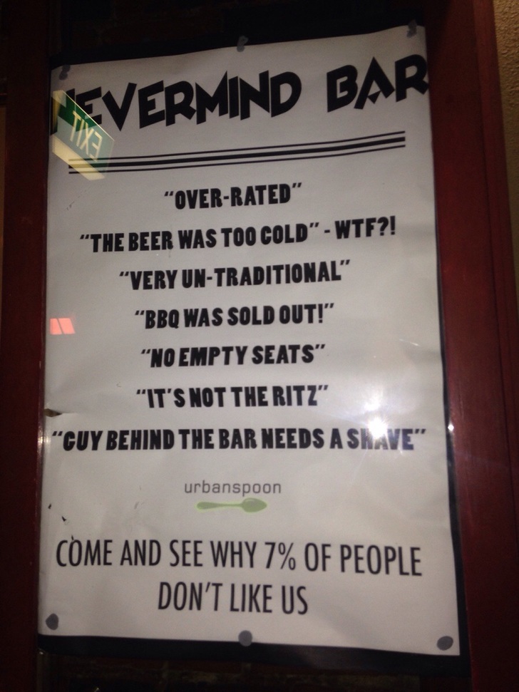 sign - Vermind Bar "OverRated" "The Beer Was Too Cold" Wtf?! "Very UnTraditional" "Bbq Was Sold Out!" "No Empty Seats" "It'S Not The Ritz" "Cuy Behind The Bar Needs A Shave urbanspoon Come And See Why 7% Of People Don'T Us