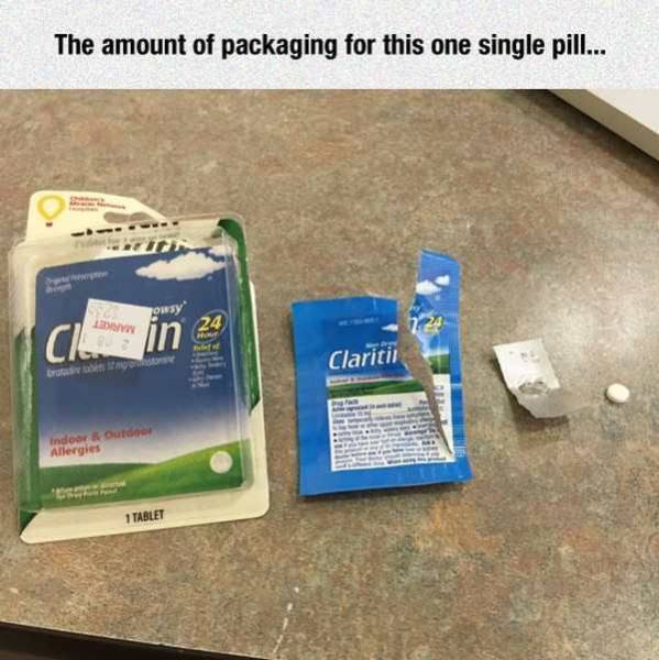 packaging meme - The amount of packaging for this one single pill... Jeden Claritii Indoor Outdoor Allergies 1 Tablet