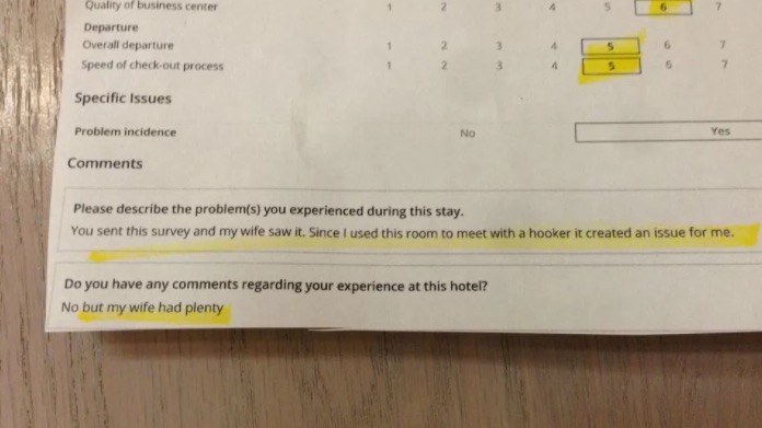 ticket - Quality of business center Departure Overall departure Speed of checkout process Specific Issues Problem incidence Please describe the problems you experienced during this stay. You sent this survey and my wife saw it. Since I used this room to m