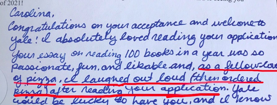 A Yale admissions officer wrote to her following her acceptance, saying: ‘As a fellow lover of pizza, I laughed out loud (then ordered pizza) after reading your application.’

Caroline will likely receive a lifetime supply of pizza from Papa John’s on top of her Ivy League acceptance. The rich get richer.

P.S. The real loser here is the dude who studied his ass off to fulfill his childhood dream of going to Yale and being bumped out by Pizza Chick. It’s better to be lucky than to be good, I guess.