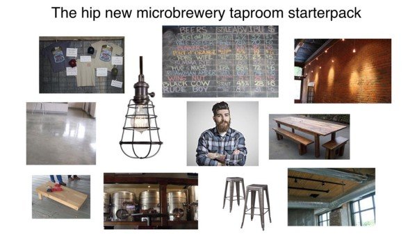 Hip microbrewery taproom starter pack of chalkboard, brickwall, trendy light in protective cage, metal bar stools, shiny plane floor, ruggad ceilings