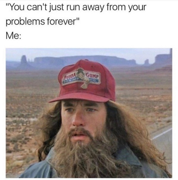 Meme about how you can't run from your problems and how the answer to that is Forrest Gump