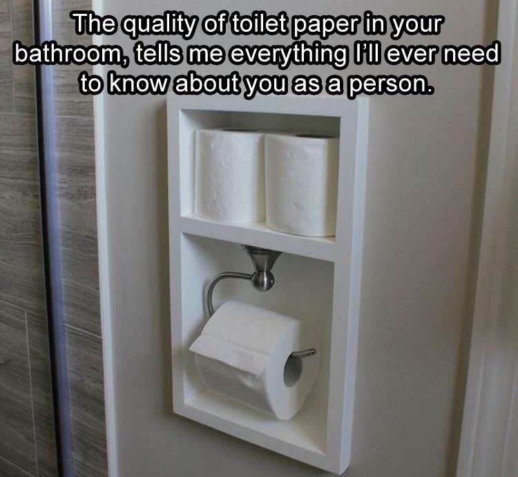 Meme about how you can tell the quality of toilet paper they use.